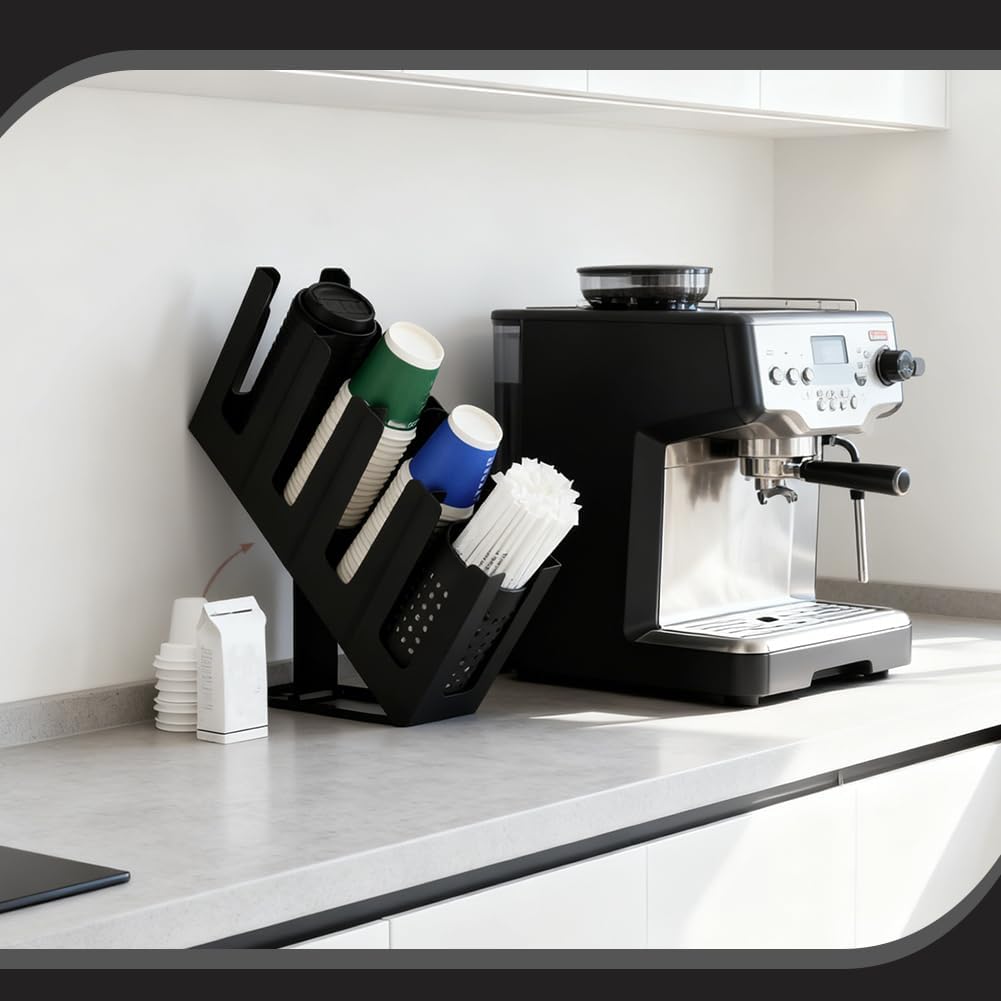 Paper Cup and Lid Holder Plastic Disposable Coffee Cup Dispenser with 4 Compartment Adjusting for Countertop Coffee Station Bar Office Home Restaurant Kitchens (Black)