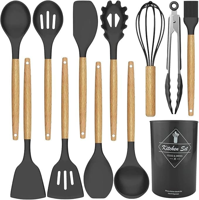 12-Piece Silicone Kitchen Utensil Set with Holder - Heat Resistant Cooking Tools (Black)
