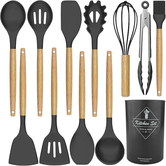 12-Piece Silicone Kitchen Utensil Set with Holder - Heat Resistant Cooking Tools (Black)