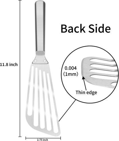 KSENDALO 2 Pack Flexible Fish Spatula Stainless Steel for Kitchen | Thin Edged Egg Spatula, Slotted Angled Blade Metal Turner, BBQ Flipper, Riveted for More Sturdy, Silver