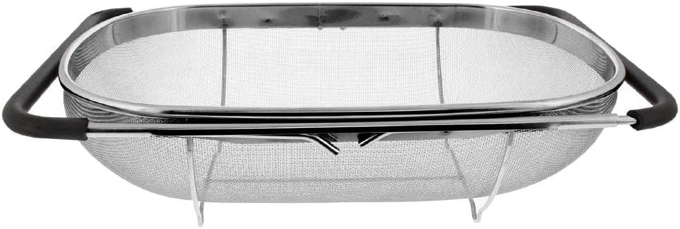 Gormery_Over The Sink Colander Strainer Basket Stainless Steel, for Kitchen Sink with Rubber Grip, Fine Mesh Stainless Steel, Large, Expandable Metal Strainer for Pasta, Food, Vegetables