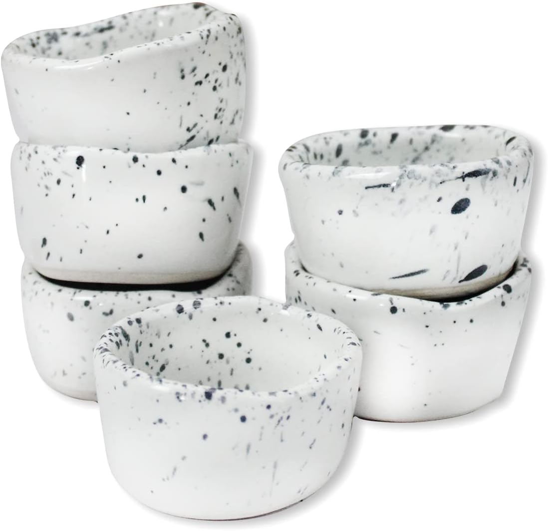roro Ceramic Stoneware Mini Pinch Bowls Set of 6, Hand-Molded Artisanal Glossy Speckled White, Salt Pepper Spices and Seasoning - Cute and Elegant Kitchen Addition