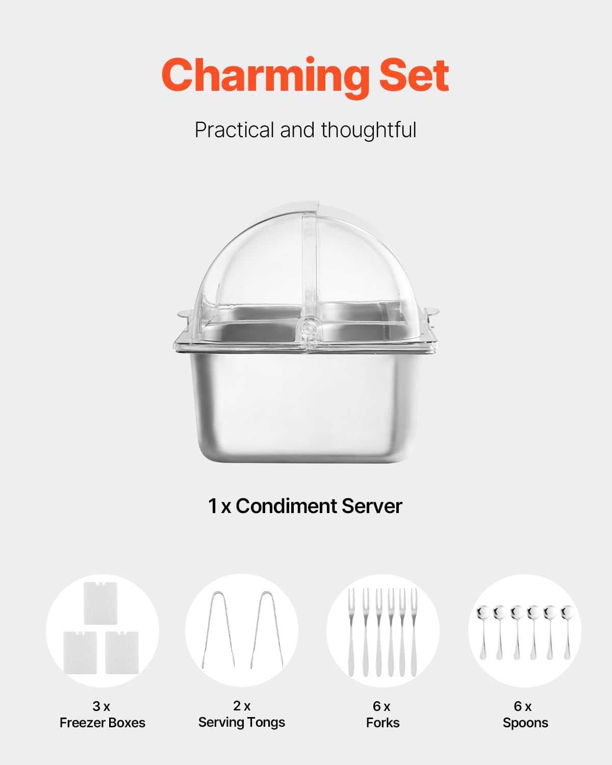 VEVOR Chilled Condiment Server Caddy, 5 Compartment Ice Cooled Serving Container, Plastic Fruit Garnish Tray Platter with Lid, for Taco Salad Bar Accessories, Party Home Restaurant Supplies