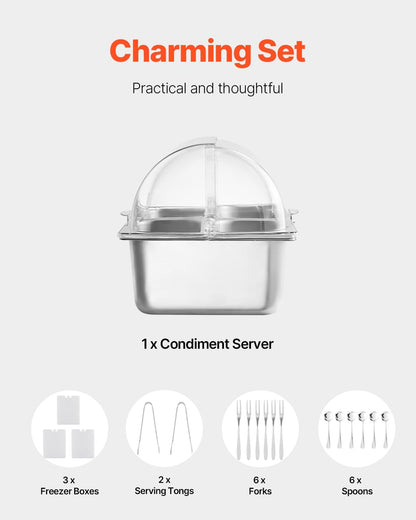 VEVOR Chilled Condiment Server Caddy, 5 Compartment Ice Cooled Serving Container, Plastic Fruit Garnish Tray Platter with Lid, for Taco Salad Bar Accessories, Party Home Restaurant Supplies
