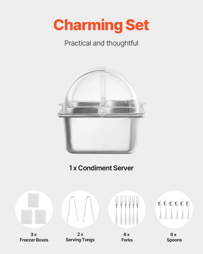 VEVOR Chilled Condiment Server, 4 Compartment Ice Cooled Condiment Serving Container, Chilled Garnish Tray Bar Caddy with Lid, for Bartending & Serving Taco, Salad, Fruit, Home & Restaurant Supplies