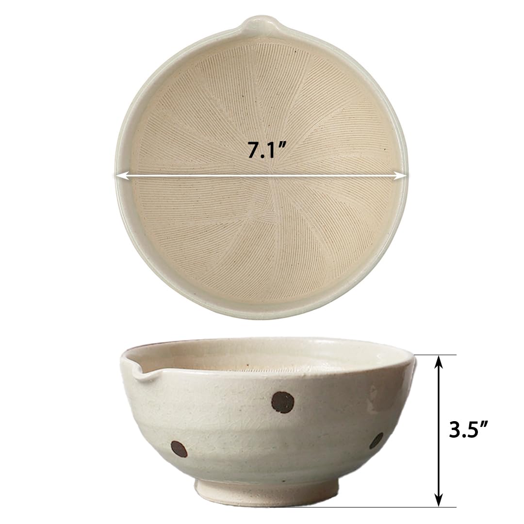 TIKUSAN Japanese Ceramic Ripple Ridge Mortar & Pestle Suribachi Bowl and Surikogi Set with Spout 7.1 inches Made in Japan (Brown)