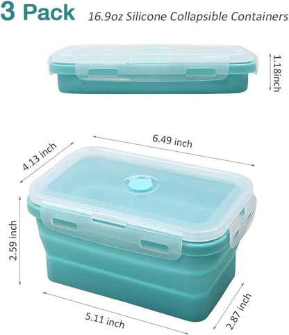 Alimat PluS 40.5oz Silicone Collapsible Food Storage Containers with Lids, 3 Pack Set 1200ml Folding Large Meal Prep Lunch Containers, Microwave, Freezer and Dishwasher Safe