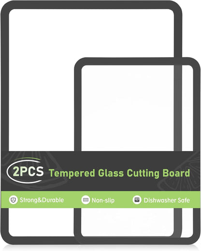 Cutting Board, Tempered Glass Cutting Board for Kitchen Counter, 2Pcs Chopping Board Set with Non-Slip Silicone Edges, Heat Resistant, Dishwasher Safe, Kitchen Decoration