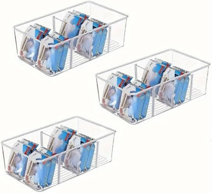 3 Pack Food Storage Organizer Bins, Clear Plastic Bins Removable Snack Organizer with 3 Dividers, Plastic Fridge Organizer and Cabinet Organizer for Kitchen, Pantry, Condiment, Packets Spices