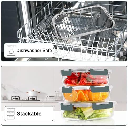 VERONES 10 Pack Glass Containers Set & 22OZ 10 Pack Glass Meal Prep Containers,Stackable Food Storage Containers Set with Lids,BPA-Free, for Microwave, Oven, Freezer & Dishwasher Friendly