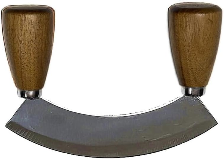 Salad Chopper With Round Wood Cutting Board - Mezzaluna Knife with Protective Cover and Anti-Slip Handle Stainless Steel Chopper Vegetable Cutter Onion Chopper Mincing Knife Pizza Cutter