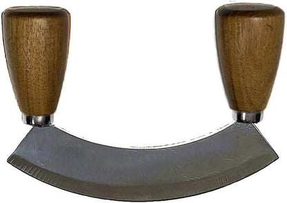 Salad Chopper With Round Wood Cutting Board - Mezzaluna Knife with Protective Cover and Anti-Slip Handle Stainless Steel Chopper Vegetable Cutter Onion Chopper Mincing Knife Pizza Cutter