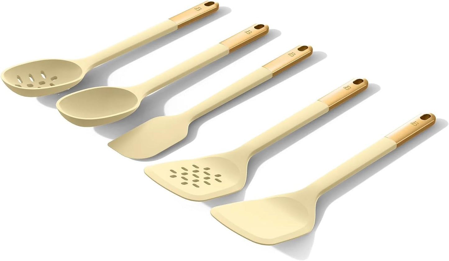 6 Piece Silicone Kitchen Utensil Set with Holder, Heat Resistant Cooking Tools, Nonstick Safe Spatula Spoon Turner Set with Ceramic Storage Crock