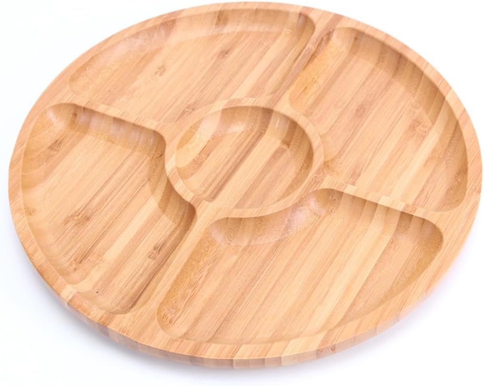 Bamboo Plates Bamboo Tray 5 Compartments Party Platter Fruit platters Snack Tray Candy Tray for Serving Dishes, Serving Platters, Chip and Dip Tray
