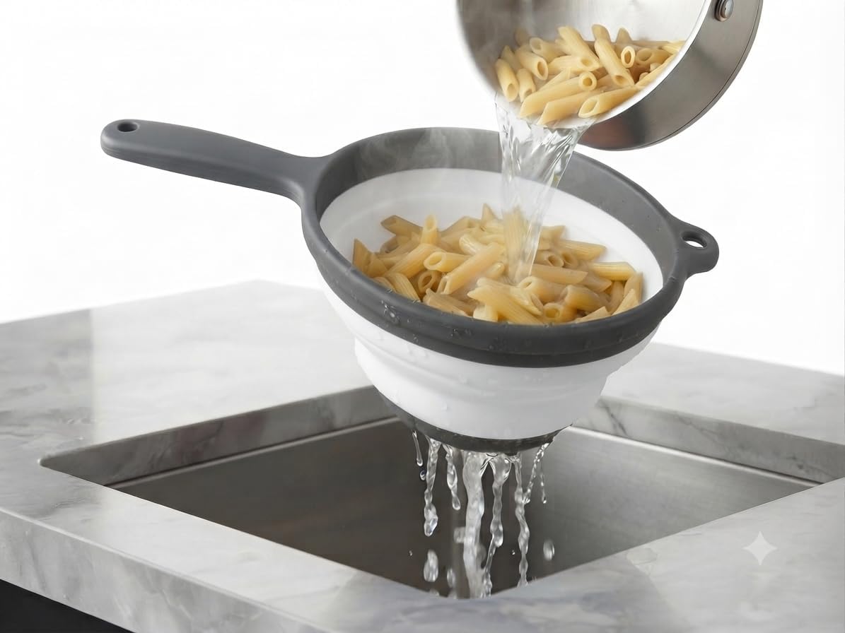 Collapsible Colander with Handle Space Saving Silicone Folding Strainer Blue