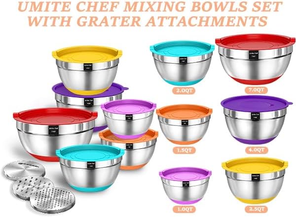 Thickened Heavy-Duty 26pcs Stainless Steel Bowl, Mixing Bowl Set with Lid, Grater Attachment, Non-Slip Bottom and Kitchen Gadget Set, Sizes 7, 4, 2.5, 2.0, 1.5, 1QT, Ideal for Mixing and Serving