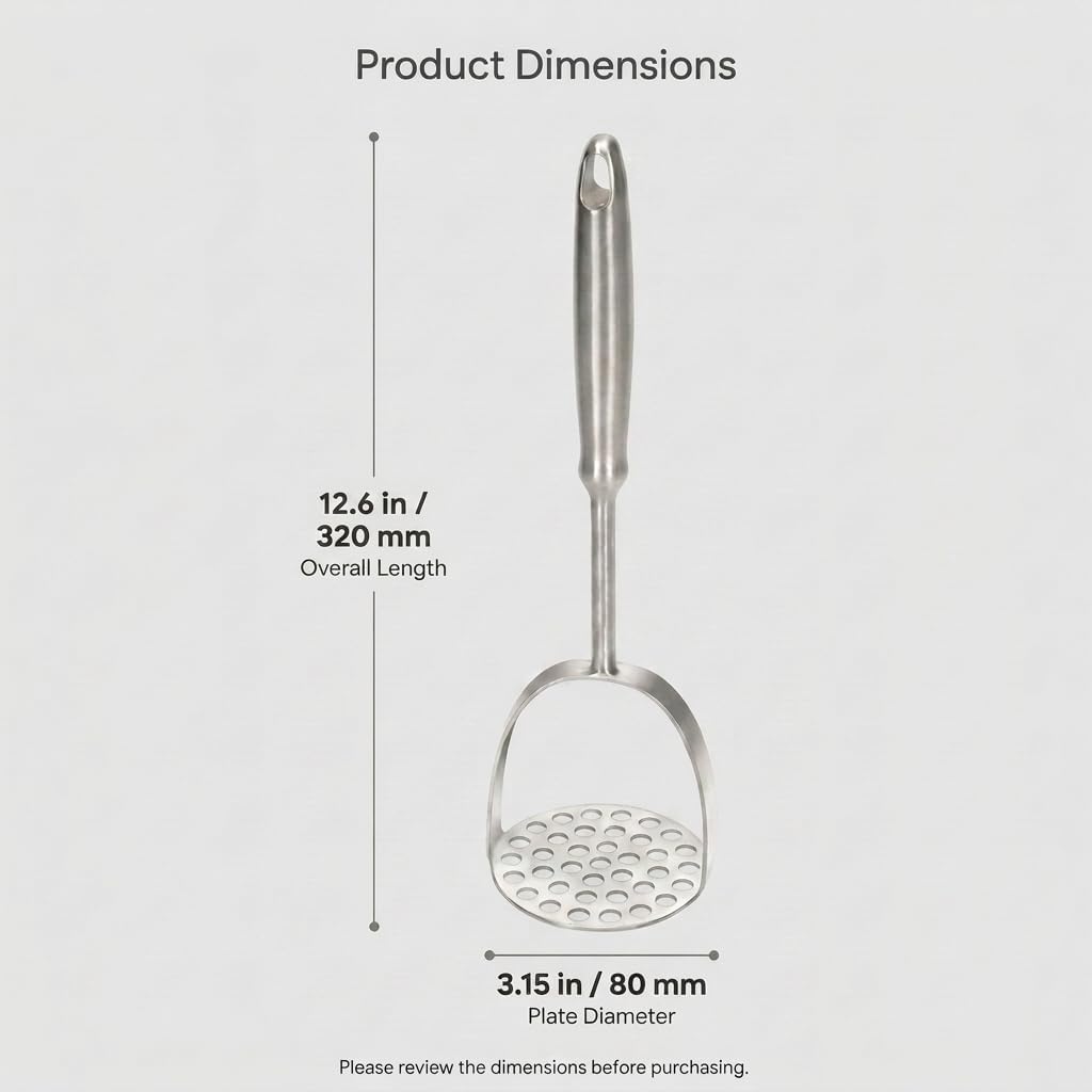 Potato Masher, Heavy Duty 304 Stainless Steel Potato Masher, One-Piece 37-Hole Plate for Smooth Mashing, Dishwasher Safe, Silicone Spatula Included