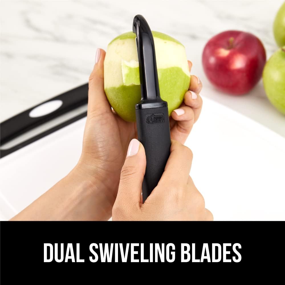 GORILLA GRIP® Patented BPA-Free Vegetable Peeler, Extra Sharp Swivel Stainless Steel Blades with Guard, Comfortable Soft Handle, Easily Peel Carrots or Fruit, Potato Eye Remover, Washer Safe, Black