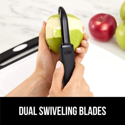 GORILLA GRIP® Patented BPA-Free Vegetable Peeler, Extra Sharp Swivel Stainless Steel Blades with Guard, Comfortable Soft Handle, Easily Peel Carrots or Fruit, Potato Eye Remover, Washer Safe, Black