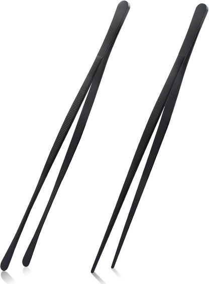 2 Pcs Stainless Steel Tweezers Tongs, 12 Inch Extra-Long Tweezers with Precision Serrated Tips for Kitchen Cooking, Baking, Garden (Rainbow)