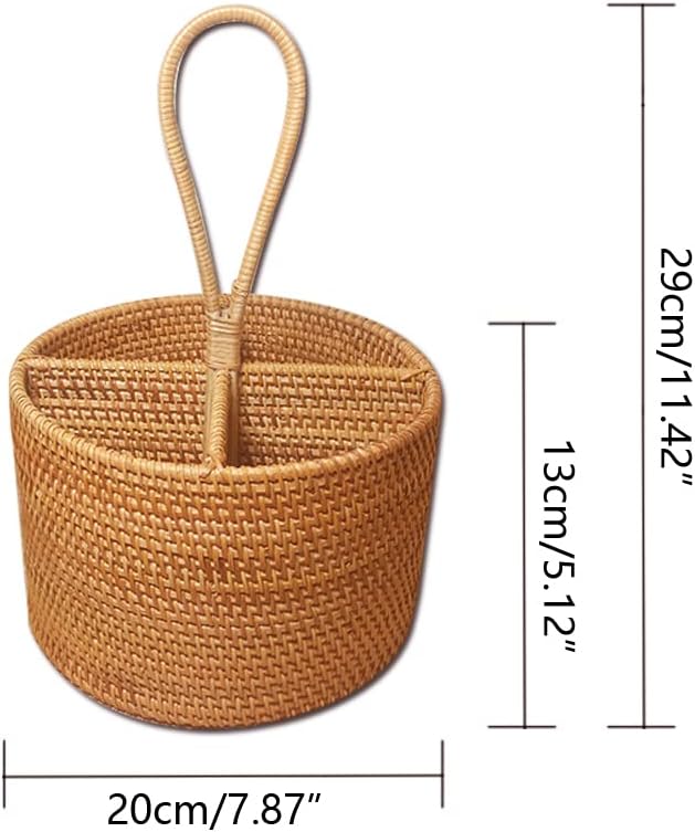 i-lan Set of 2 Rattan Utensil Caddy with Handle (7 Inch) - 4-Section Woven Wicker Silverware Holder for Tea Bags & Condiments, Boho Divided Organizer Basket for Kitchen Countertop, Party & Picnic