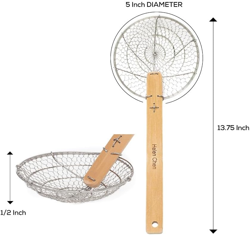 Helen's Asian Kitchen Deep Spider Strainer, 6-Inch Stainless Steel Mesh Basket With Bamboo Handle, For Noodles, Dumplings, Wontons, Deep Frying, And Draining Tasks