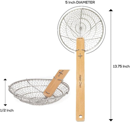 Helen's Asian Kitchen Deep Spider Strainer, 6-Inch Stainless Steel Mesh Basket With Bamboo Handle, For Noodles, Dumplings, Wontons, Deep Frying, And Draining Tasks
