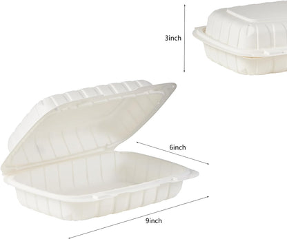 FULING [8x8-Inch, 50 Pieces, 3-Compartment Disposable To Go Box Containers, Plastic Clamshell Takeout Food Trays, Microwave Safe, Cut Resistantstable Hinged Lid, Hybrid Polypropylene, White