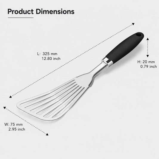 304 Stainless Steel Fish Spatula, Thin Flexible Slotted Turner | Non-Slip Ergonomic Handle, Metal Spatula for Fish, Eggs, Burgers, Cast Iron & Griddle, Black