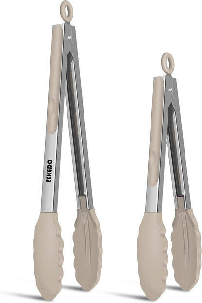 Kitchen Tongs, Stainless Steel Cooking Tongs with Silicone Tips, 600ºF High Heat-Resistant Non Scratch Locking Tongs for Cooking BBQ Grilling Air Fryer Pans, Set of 3 (7" 9" and 12") Black