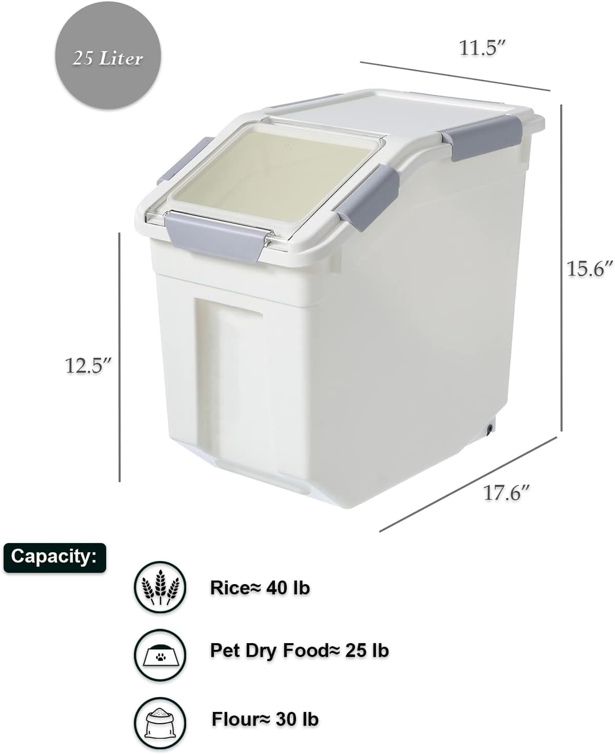HANAMYA 32.5 Liter / 35 lbs Pet Food Storage Container with Measuring Cup, BPA free, For Dog Food | Cat Food | Rice | Grain | Flour, White & Gray, 1 count