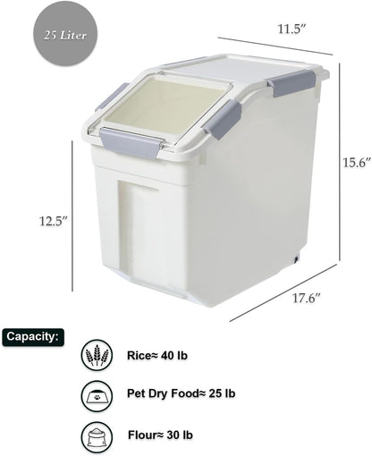 HANAMYA 32.5 Liter / 35 lbs Pet Food Storage Container with Measuring Cup, BPA free, For Dog Food | Cat Food | Rice | Grain | Flour, White & Gray, 1 count