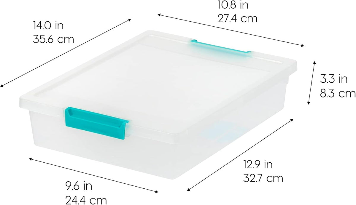 IRIS USA 12 Qt. Craft Storage Bins with Lids, 4-Pack, |Made in USA|, Clip Box, Medium Plastic Sensory Bin Tote Organizer Containers for Art Supplies, Paper, & Office, Stackable - Clear/Seafoam Blue