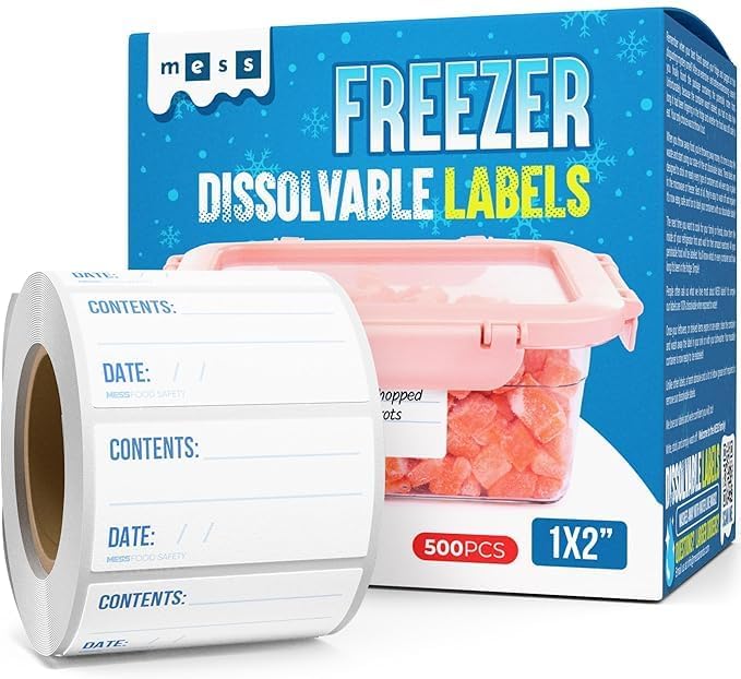 MESS Dissolvable Freezer Labels – 500/Roll Blank Removable Labels for Containers, Food Storage, Bottles, Jars, and Freezer Use (500, 1x2)