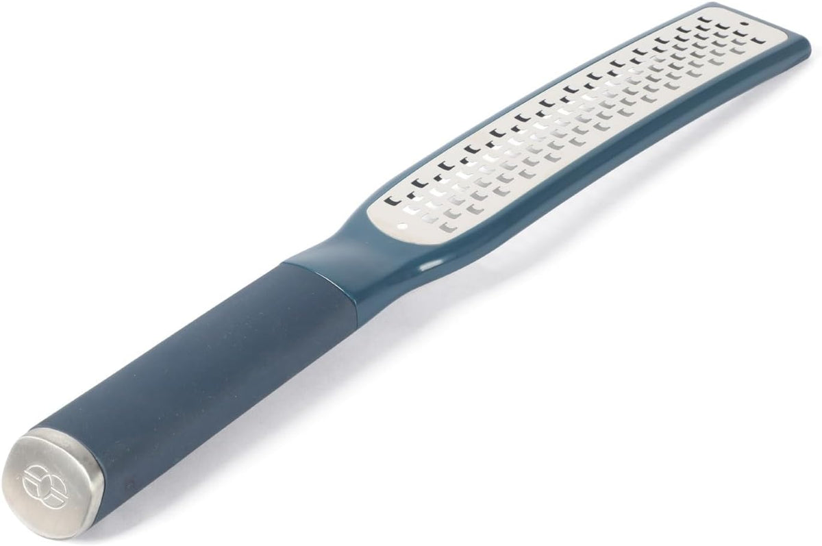 Calphalon Edge Lemon Zester, Stainless Steel Fine Citrus Grater for Lemon, Garlic & Ginger, Handheld Kitchen Zester with Protective Cover & Ergonomic Handle, Taupe