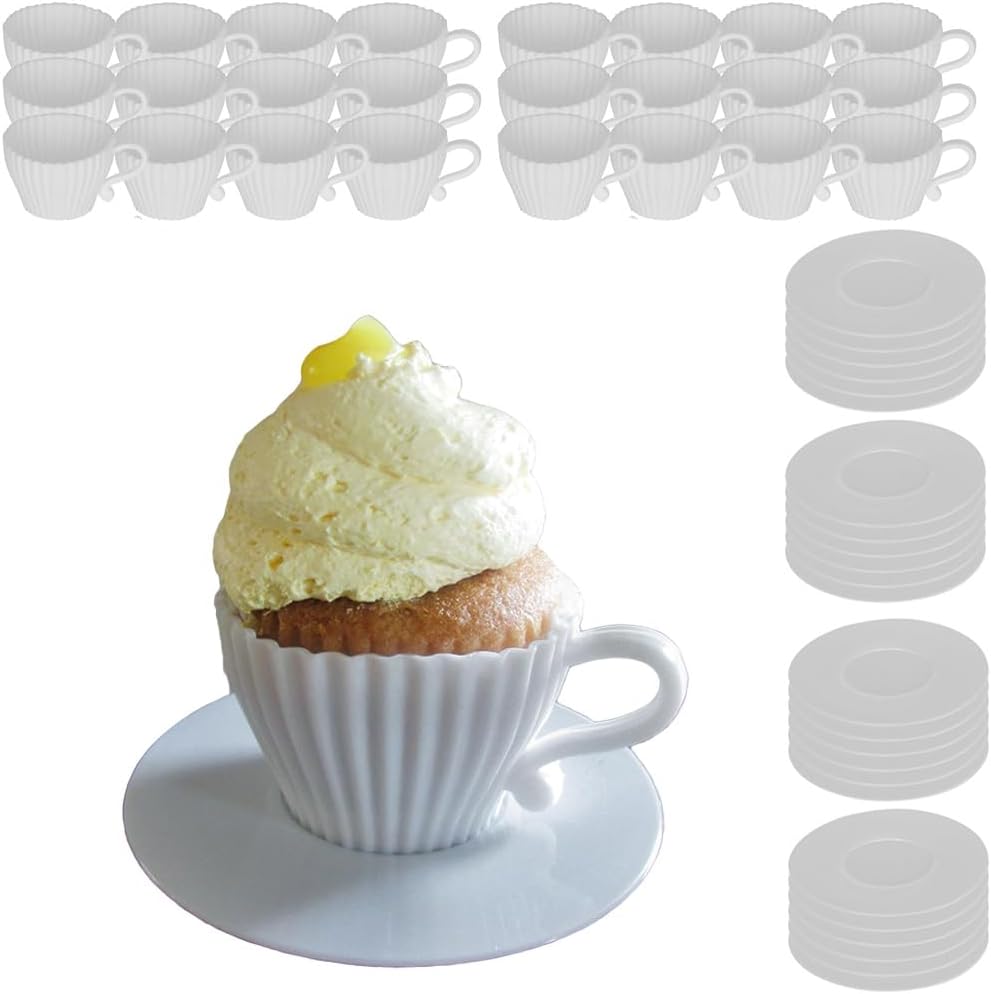 Evelots Baking Cupcake Molds - Silicone Teacup Set - 24 Pc Set - Oven-Safe - Nonstick - Muffin Cups for Bridal/Baby Shower, Birthday/Tea Party - 12 Cups & 12 Saucers - BPA Free