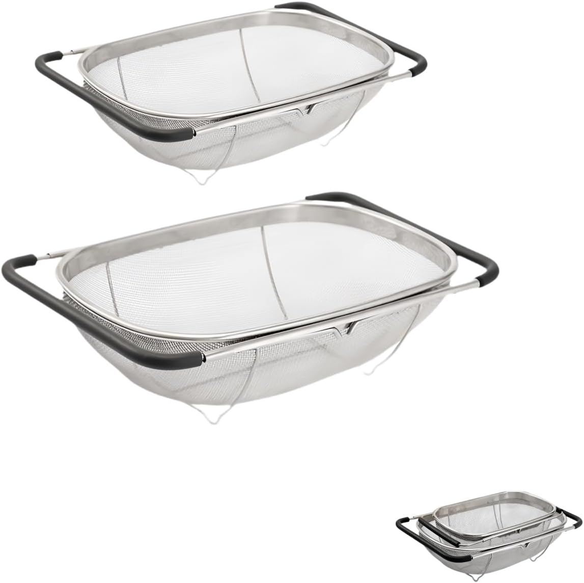 Expandable Strainer Over The Sink Basket, Stainless Steel Colander with Fine Mesh, 4-6Quart Strainer Basket with Rubber Grip Handle for Kitchen, Drain, Rinse Veegetables, Fruits (silver, 6QT)