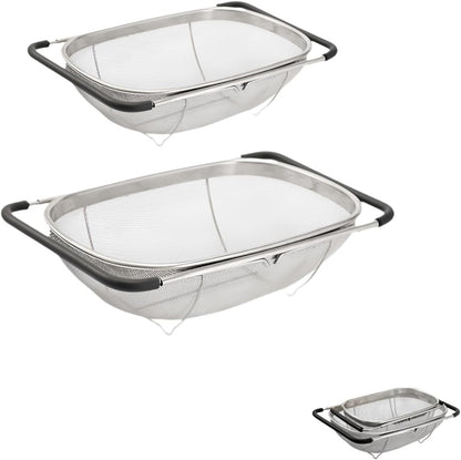 Expandable Strainer Over The Sink Basket, Stainless Steel Colander with Fine Mesh, 4-6Quart Strainer Basket with Rubber Grip Handle for Kitchen, Drain, Rinse Veegetables, Fruits (silver, 6QT)