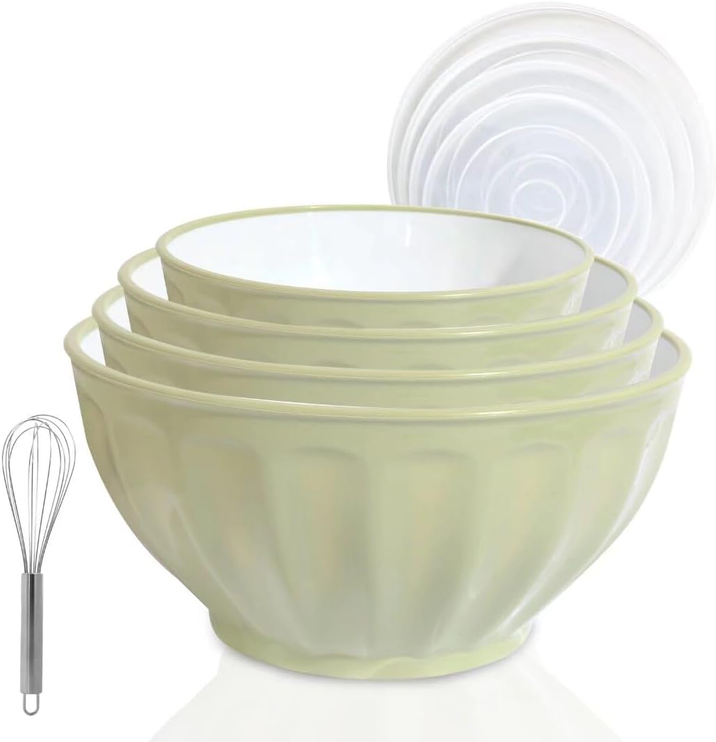 Mixing Bowls with Lids Set,4 Piece Large Plastic Nesting Bowls,Includes 4 Microwave safe Mixing Bowl and An Egg Whisk for Kitchen Prepping,Baking,Cooking Food, Pink