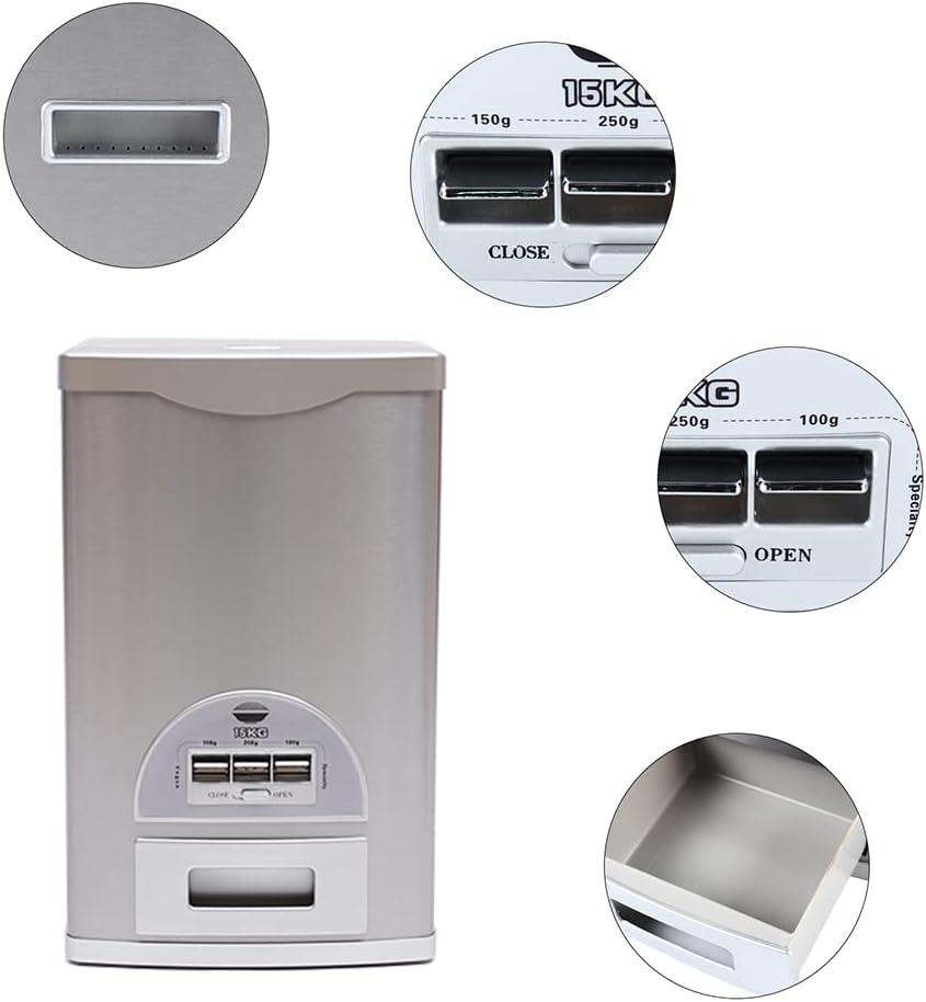 Auto Rice Dispenser Container, Stainless Steel Rice Dispenser, 15kg/33lb Large Capacity Automatic Rice Storage Container Kitchen Rice Dispenser Countertop, Silver