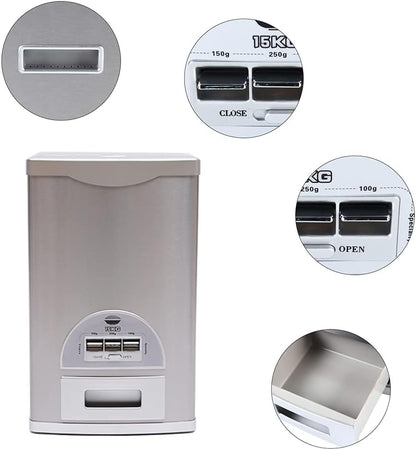 Auto Rice Dispenser Container, Stainless Steel Rice Dispenser, 15kg/33lb Large Capacity Automatic Rice Storage Container Kitchen Rice Dispenser Countertop, Silver