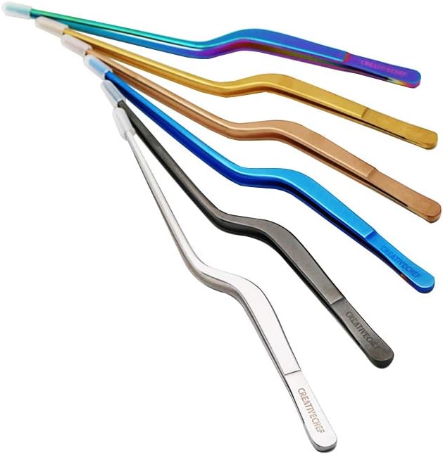CREATIVECHEF 8 Inch Curved Stainless Steel Precision Kitchen Cooking Multi-function Tweezers Culinary Offset Tweezer Tongs (8" Curved, Bronze)