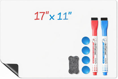 Magnetic Whiteboard for Fridge, 20" x 13" Dry Erase Board Set with Markers & Eraser, Strong Magnet & Stain-Resistant Surface, Fridge Calendar for Notes, Grocery List, Meal Planning & Family Schedule