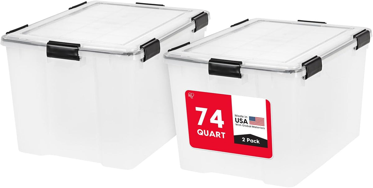 IRIS USA Storage Bins with Lids, WeatherPro Wheeled 106 Qt, Plastic, 3 Pack | Weather-tight gasket, wheels, and secure latches protect camping gear, tools, holiday décor, clothing, and documents.