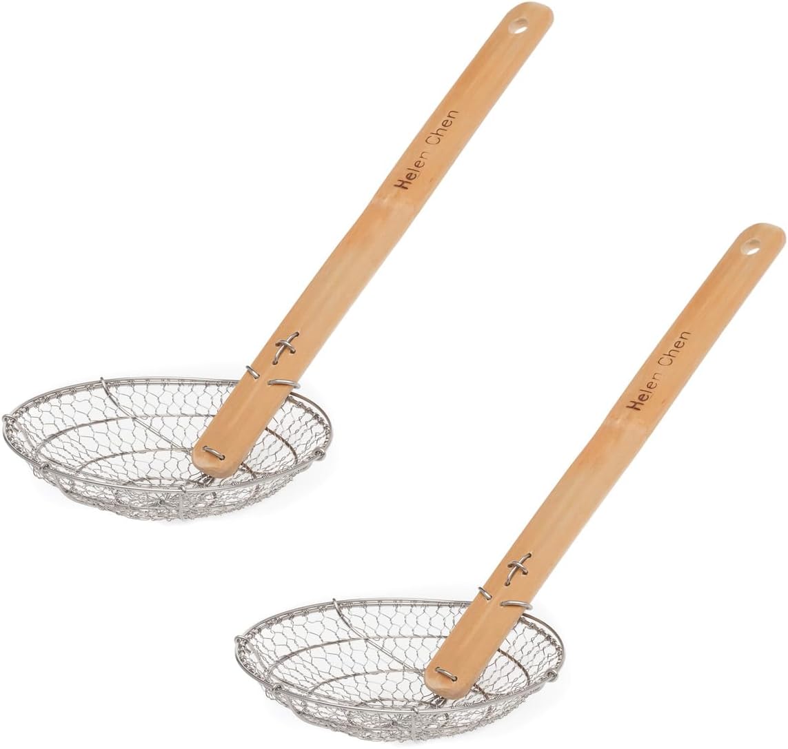 Helen's Asian Kitchen Deep Spider Strainer, 6-Inch Stainless Steel Mesh Basket With Bamboo Handle, For Noodles, Dumplings, Wontons, Deep Frying, And Draining Tasks