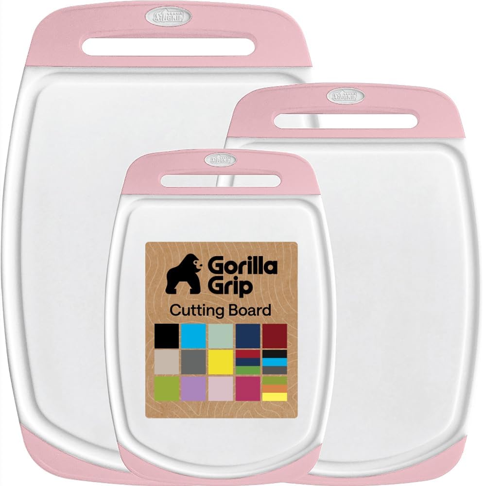 GORILLA GRIP BPA-Free Reversible Kitchen Cutting Board Set of 3, US Designed, Nonporous, Juice Grooves Catch Liquid, Slip Resistant Border, Dishwasher Safe, Durable Large Food Chopping Boards, Black