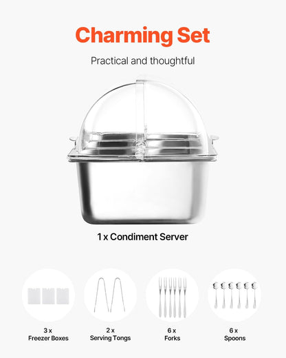 VEVOR Chilled Condiment Server Caddy, 5 Compartment Ice Cooled Serving Container, Plastic Fruit Garnish Tray Platter with Lid, for Taco Salad Bar Accessories, Party Home Restaurant Supplies