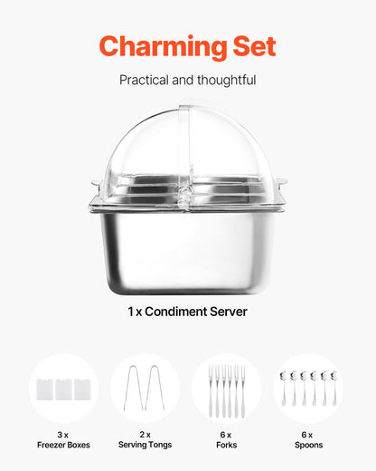 VEVOR Chilled Condiment Server, 4 Compartment Ice Cooled Condiment Serving Container, Chilled Garnish Tray Bar Caddy with Lid, for Bartending & Serving Taco, Salad, Fruit, Home & Restaurant Supplies