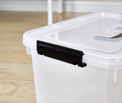 6 Quart Stackable Plastic Storage Bins with Lids, 6 Pack Clear Black Small Organizer Boxes with Latches for Bathroom, Pantry, Office Desk and Small Item Storage
