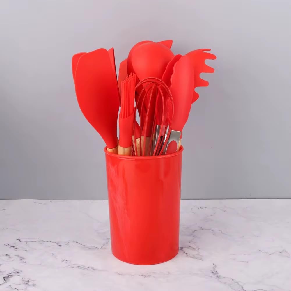Silicone Kitchen Utensil Set with Holder, 12-Piece, Heat Resistant,Black,Red,Grey Colors Available (Grey)